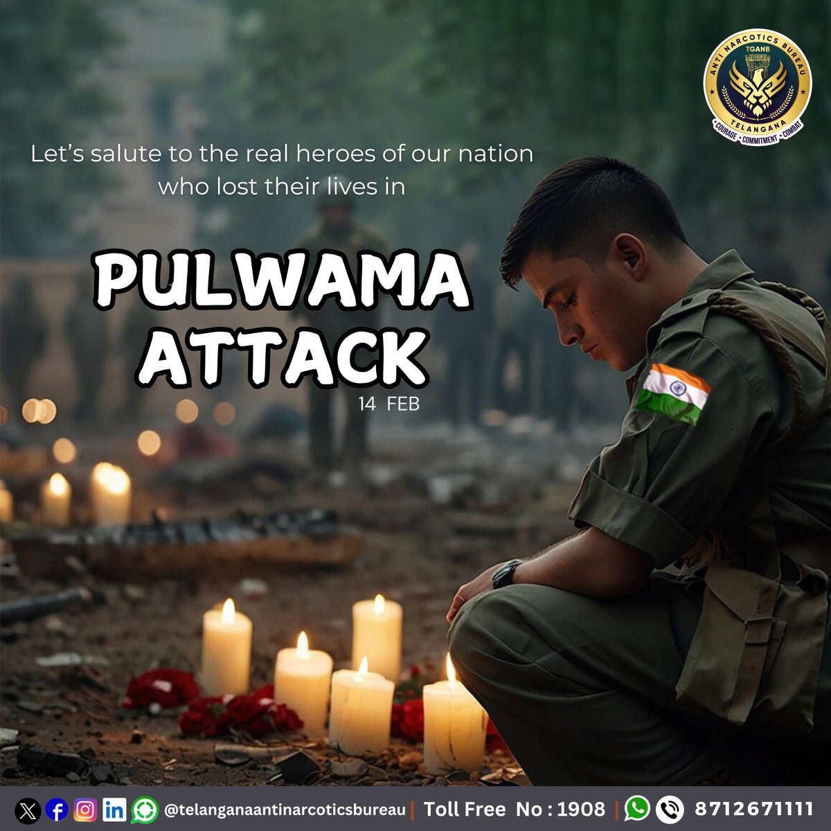 Let’s salute to the real heroes of our nation who lost their lives in #PulwamaAttack .  

To share information on drugs :- 
Toll Free No-1908   

#drugfreetelangana #telanganaantinarcoticsbureau #tganb #drugfreegeneration