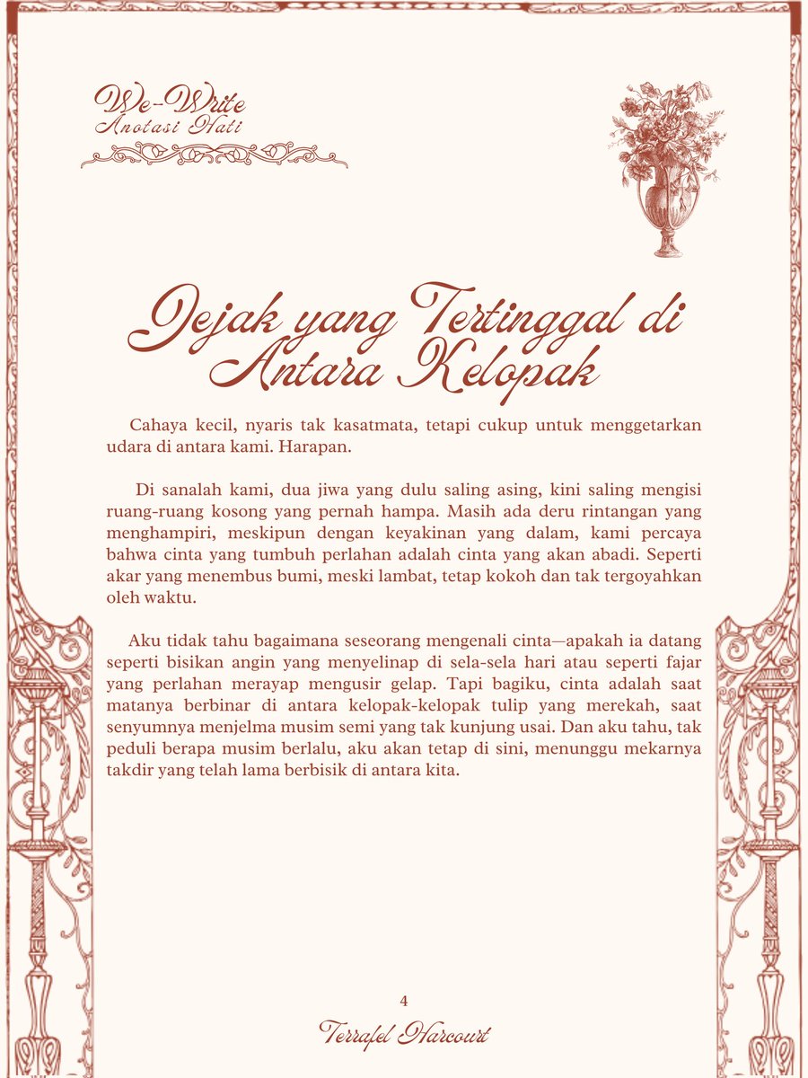 FictiveWriters's tweet image. ㅤ
ㅤㅤ    ㅤㅤ    ㅤㅤ      wewrites.carrd.co 
ㅤㅤ    ㅤ             Anotasi Hati   𝆙      .. 🌺📖
ㅤㅤ    ㅤㅤ    ㅤ     #WeWrite_OurValentine 

ㅤㅤ    ㅤ    Jejak Yang Tertinggal Antara Kelopak 
ㅤㅤ ㅤㅤ        Abadi olehnya: Terrafel Hafcourt
ㅤㅤ    ㅤㅤ