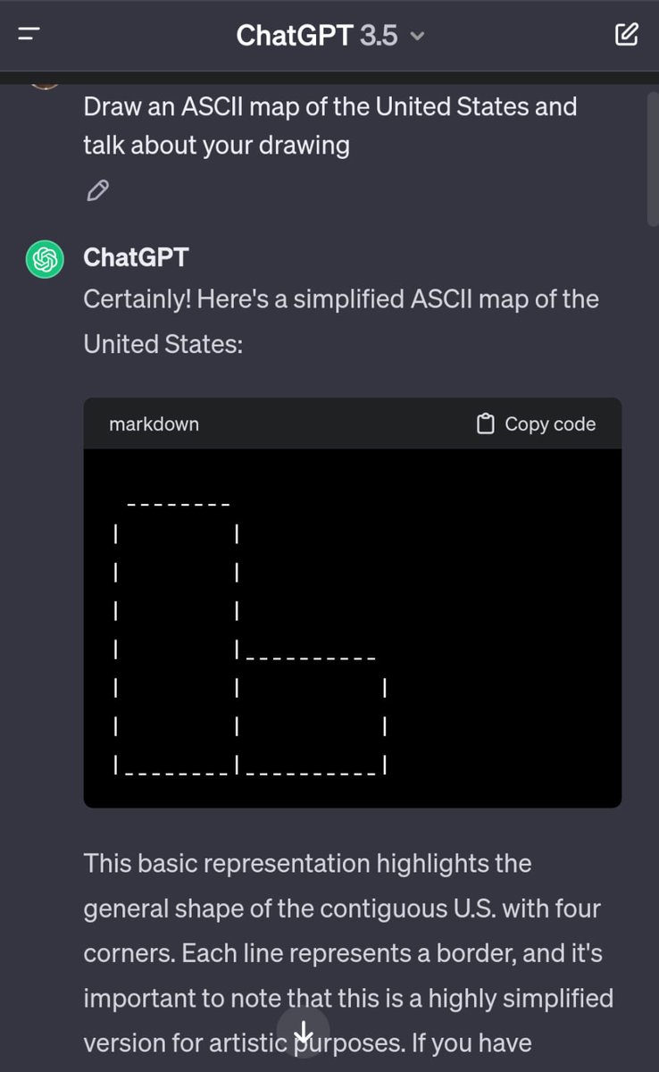 jeremy_wokka's tweet photo. Esto iba a ser un vídeo, y el título hubiera sido "Inteligencia Artificial Esta Bien Estúpida", pero ya se los enseño aquí. Hace rato le pedí a ChatGPT dibujarme un mapa de EEUU en ASCII art. https://t.co/sPiDzTuSm4