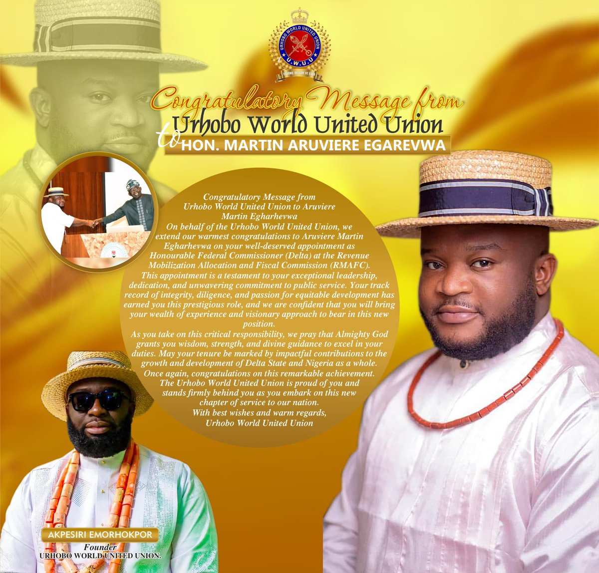Congratulatory Message from Urhobo World United Union to Aruviere Martin Egharhevwa—facebook.com/share/p/19vfQi…