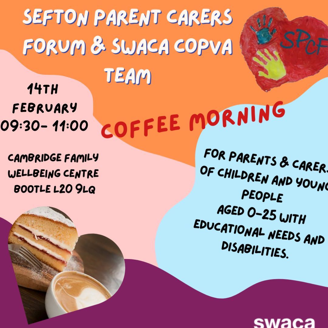 Are you a parent or carer of a child or young person aged 0 - 25 with educational needs and disabilities? Come along to a coffee morning today, 14th February 2025.

9.30am - 11am
Cambridge Family Wellbeing Centre
Bootle 
L20 9LQ

#healthwatchsefton #sefton #bootle #maghull