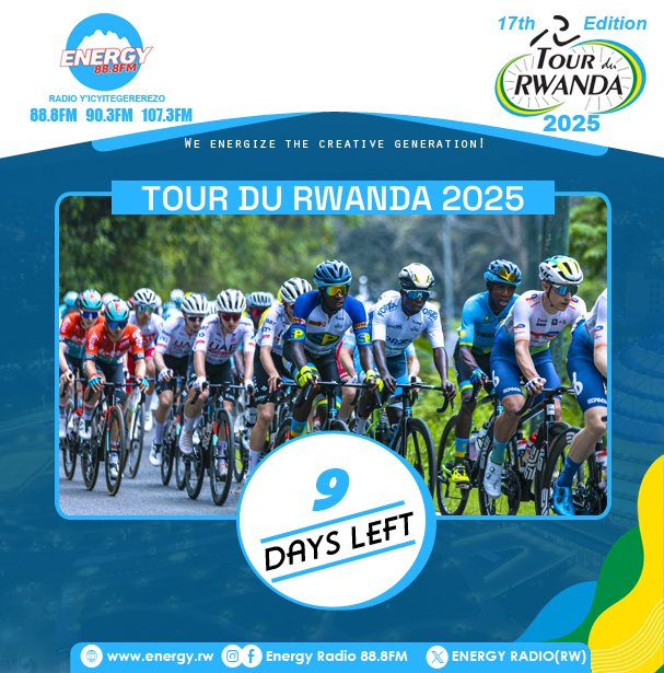 ENERGY888FM's tweet photo. Harabura Iminsi 9 ngo @tour_du_Rwanda itangire. 

Etape 1: Ku Cyumweru, tariki ya 23 Gashyantare 2025: Stade Amahoro – Stade Amahoro (Gusiganwa n’ibihe nk’umukinnyi ku giti cye ibilometero 4)
#COUNTDOWN9

#TdRwanda2025 #VisitRwanda #CyclingInRwanda https://t.co/Bj4QiXcgZ8