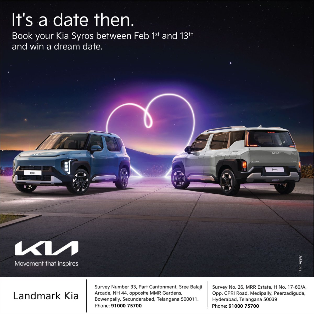 LandmarkKiaHyd's tweet photo. This Valentine's Day, book your Kia Syros between Feb 1st &amp; 14th and win a dream date. Enjoy the blissful evening at Landmark Kia filled with fun and frolic. Experience love all around. Hurry up and become eligible to win a Syros Dream Date!

#Kia #KiaIndia #LandmarkKia https://t.co/2RJkUtIZNY
