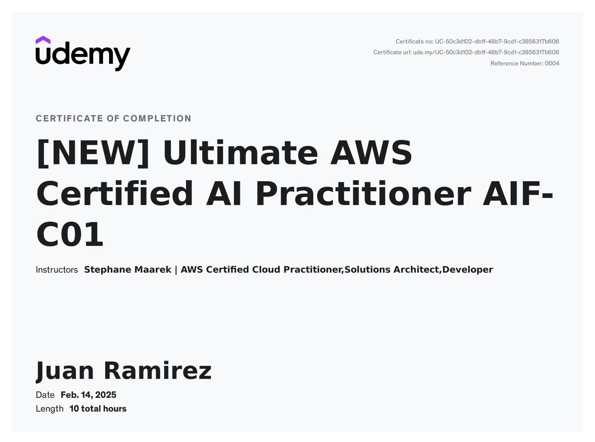 XalathByte's tweet image. Finished the Ultimate AWS Certified AI Practitioner course on Udemy! Great content, instructor encouraged us to let him know when we get certified. Will do! Time to review! #AWS #AICertification #Udemy