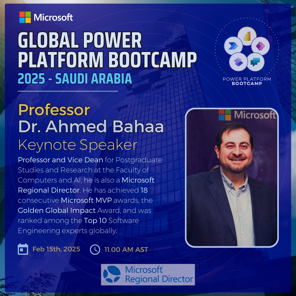 MelQassas's tweet photo. We are thrilled to welcome Dr. Ahmed Bahaa as one of our key featured speakers for #GPPB2025 - Saudi Arabia, he will be delivering a keynote session at the event 🎉
🔗 Register: https://t.co/2Xd87U9Ekp 
🗣️ Speakers: https://t.co/rX4jHfuD08 
#MVPBuzz @MSPowerPlat @GPPBootcamp https://t.co/8eOlzTeIob