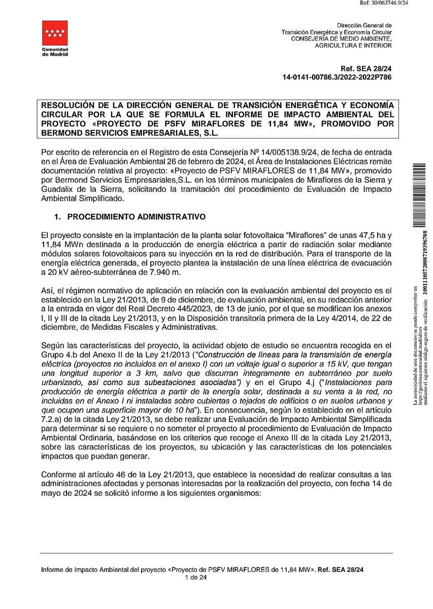 JulioVias's tweet photo. Hoy acaba el plazo para presentar alegaciones al "Proyecto Fotovoltaico Miraflores", que contempla la instalación de 18.700 paneles solares y 8 km de líneas eléctricas en 47 has. de suelo rural protegido en Guadalix y #MirafloresdelaSierra.
#PNGuadarrama https://t.co/rIgG6HYcFc