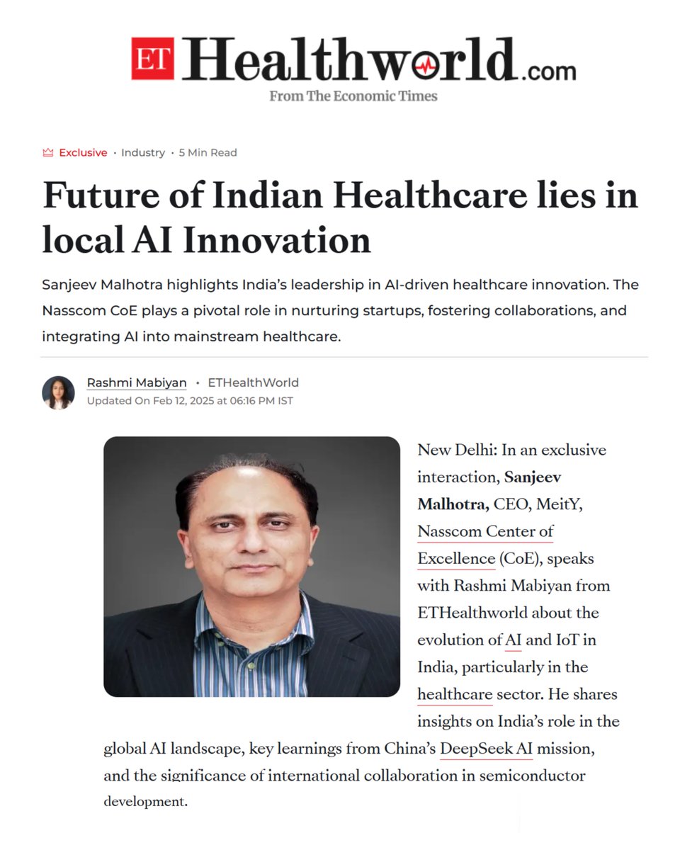 MeitY-nasscom CoE-IoT & AI (@nasscomcoeiot) on Twitter photo In an exclusive chat with <a href="/ETHealthWorld/">ETHealthWorld</a>, <a href="/jeevmalhotra/">Sanjeev Malhotra</a>, CEO, MeitY <a href="/nasscom/">nasscom</a> CoE, shares how AI & IoT are transforming diagnostics, boosting innovation, and making healthcare more accessible.
From AI-driven startups to global collaborations, discover India's growing influence In an exclusive chat with <a href="/ETHealthWorld/">ETHealthWorld</a>, <a href="/jeevmalhotra/">Sanjeev Malhotra</a>, CEO, MeitY <a href="/nasscom/">nasscom</a> CoE, shares how AI & IoT are transforming diagnostics, boosting innovation, and making healthcare more accessible.
From AI-driven startups to global collaborations, discover India's growing influence