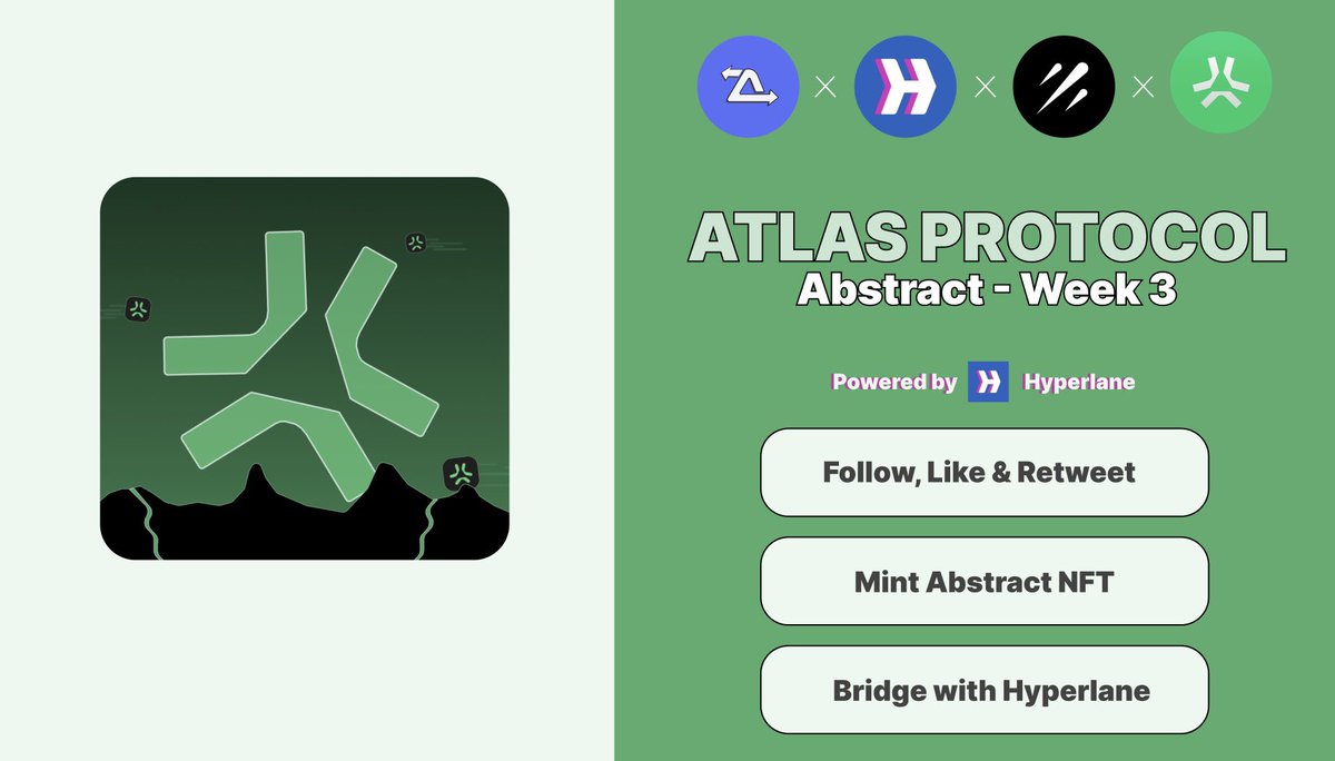 Atlas Protocol (@atlasprotocolio) on Twitter photo Galxe Task - Week 3
Complete our Mission and get your Abstract NFT!
Powered by <a href="/hyperlane/">Hyperlane ⏩</a>
📌 app.galxe.com/quest/BKjJijgC…
⛽️ Get Abstract Gas Fees here: gas.zip Galxe Task - Week 3
Complete our Mission and get your Abstract NFT!
Powered by <a href="/hyperlane/">Hyperlane ⏩</a>
📌 app.galxe.com/quest/BKjJijgC…
⛽️ Get Abstract Gas Fees here: gas.zip