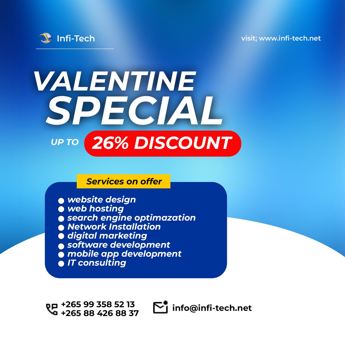 infitechmw's tweet image. 💖 Happy Valentine’s Day from Infi-Tech! 💖

This season of love, we’re showing our appreciation with up to 26% OFF on our top tech services! 🚀

💻 Let’s build something amazing together

📩 Contact us today! info@infi-tech.net

#ValentinesSpecial #TechWithLove #InfiTech 🚀💙