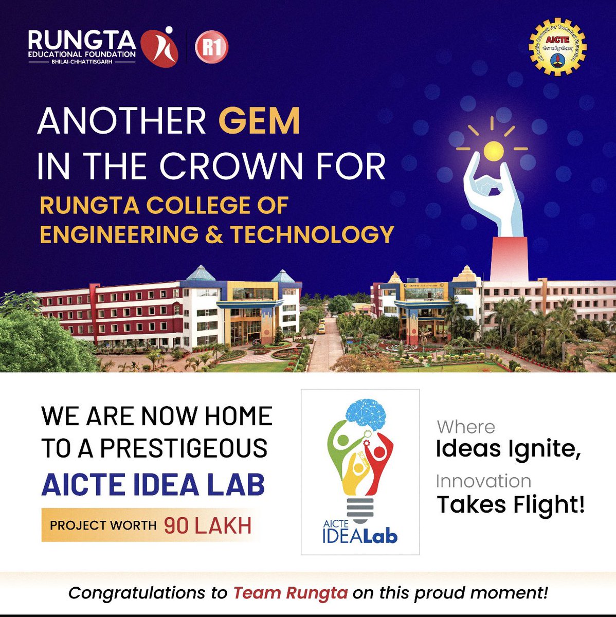 MManoria's tweet photo. Congratulations to *Rungta College of Engineering and Technology* on securing the prestigious AICTE IDEA Lab Grant of *₹90 lakhs!* This achievement reflects the institution's commitment to innovation, hands-on learning, and cutting-edge research. 
#research #innovation #RungtaR1 https://t.co/bcm8EhzDq5