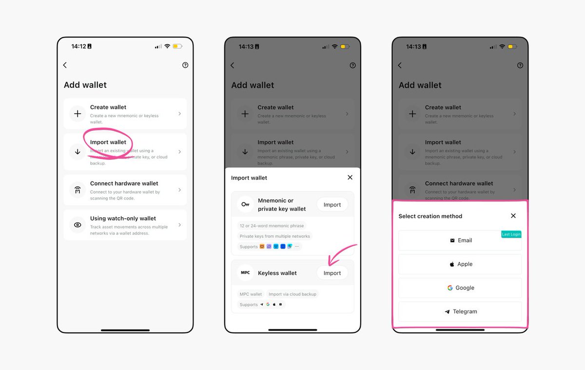 4/ Import your wallet (MPC wallet) ☁️ Select Import Wallet > Keyless wallet  > Import > Login with your account used for cloud backup. Check your  balance & transaction history to ensure everything is intact 👀