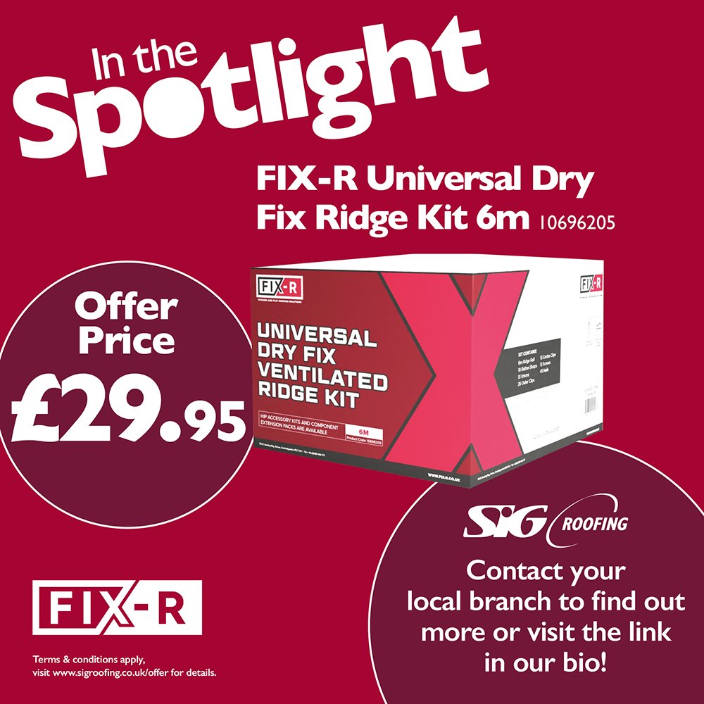 Keep your builds dry with the Universal Dry Fix Ridge Kit - now just £29.95 at all SIG Roofing branches!

FIX-R Universal Dry Fix Ridge Kit 6m offer available throughout February and March.

Find your local branch: bit.ly/3hyxsND

#KeepItDry #Spotlight
