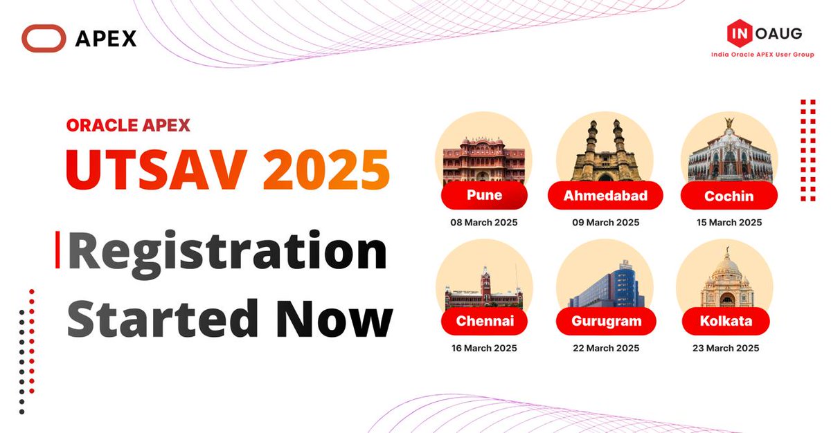 INOAUG (@inoaug) on Twitter photo 🚨 The Countdown is Over – Thrilled to Announce: Registration is NOW OPEN! 🎉
Register Here: inoaug.org/utsav25
#Oracle #orclAPEX #oracleACE #GenAI #ASEAN #OracleCloud #OracleCloudERP #OracleEBS #WomenInAPEX
<a href="/chaitanya_in/">Chaitanya Koratamaddi PM #orclAPEX</a> <a href="/drdalvi/">Richard Dalvi</a> 🚨 The Countdown is Over – Thrilled to Announce: Registration is NOW OPEN! 🎉
Register Here: inoaug.org/utsav25
#Oracle #orclAPEX #oracleACE #GenAI #ASEAN #OracleCloud #OracleCloudERP #OracleEBS #WomenInAPEX
<a href="/chaitanya_in/">Chaitanya Koratamaddi PM #orclAPEX</a> <a href="/drdalvi/">Richard Dalvi</a>