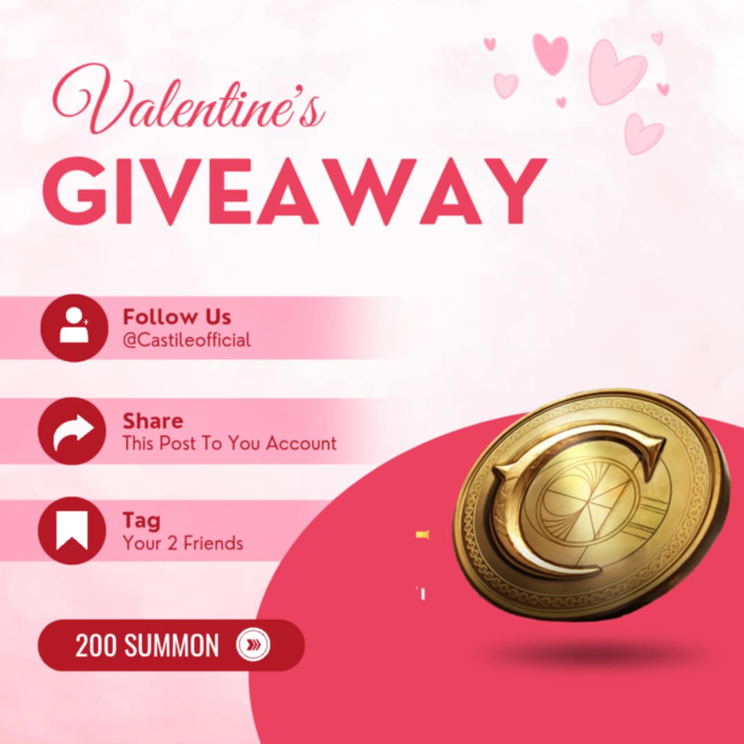 💖 Castile Valentine’s Giveaway! 💖

Love and rewards are in the air! 🎁 The first 20 lucky players to join get an exclusive redemption code!

💌 How to join:
1️⃣ Like &amp; Share
2️⃣ Comment your favorite Castile moment
3️⃣ Tag a friend! And follow <a href="/Castileofficial/">CASTILE</a>

Don’t miss out