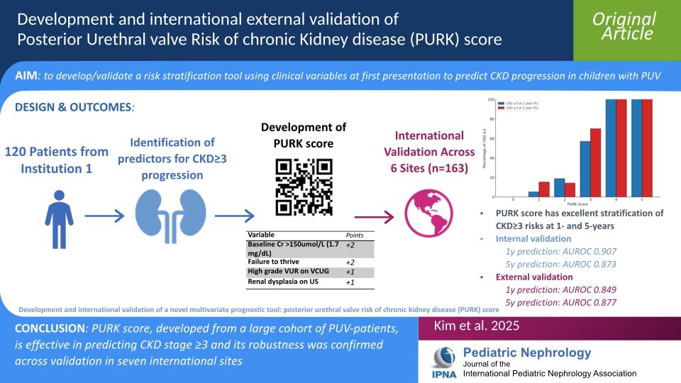 hardik4u24's tweet photo. 🚨New in Pediatric Nephrology🚨

#PURK Score predicts CKD risk in kids with PUV using:
✔️Cr >150 µmol/L (+2)
✔️Failure to thrive (+2)
✔️High-grade VUR (+1)
✔️Renal dysplasia (+1)

🌍 Validated across 7 sites!
📖 https://t.co/v9dsiccmiB

#Nephrology #Pediatrics #CKD #PUV #IPNA https://t.co/uttASw5U3E
