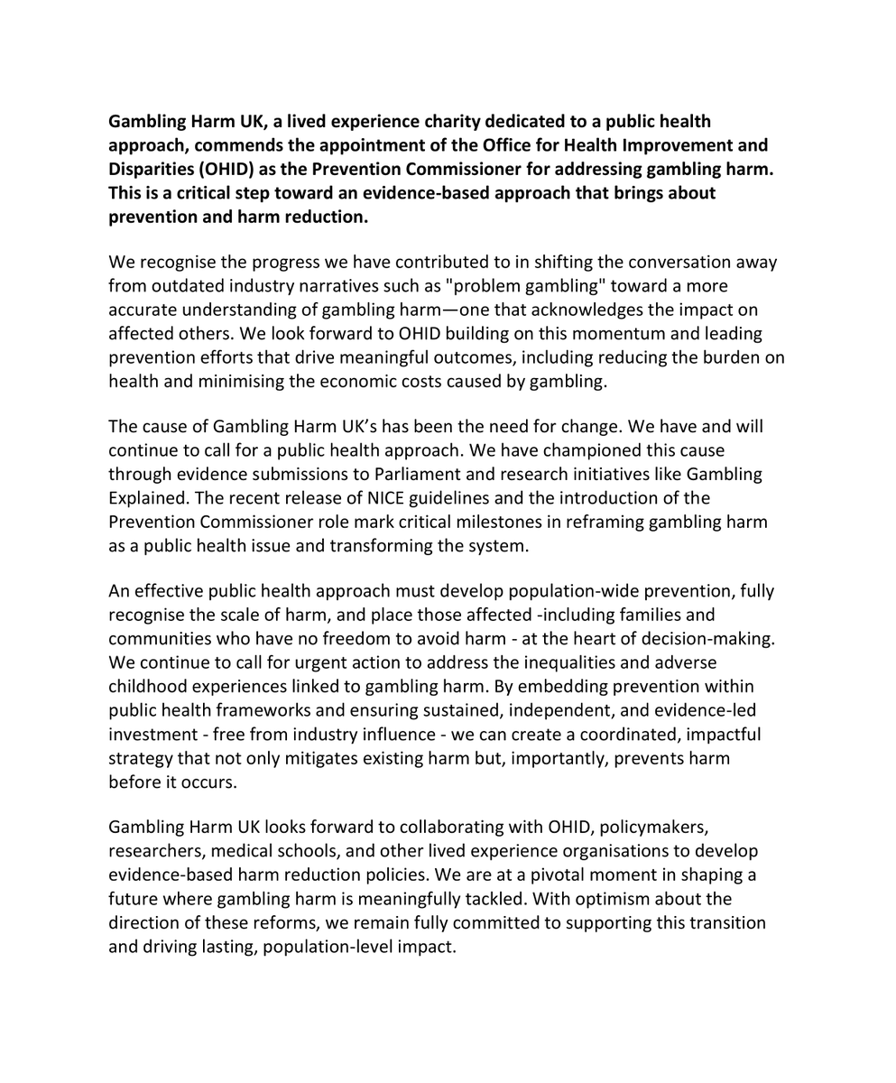 📝 We warmly welcome the appointment of the Office for Health Improvement and Disparities (OHID) as the Prevention Commissioner for tackling gambling harm: