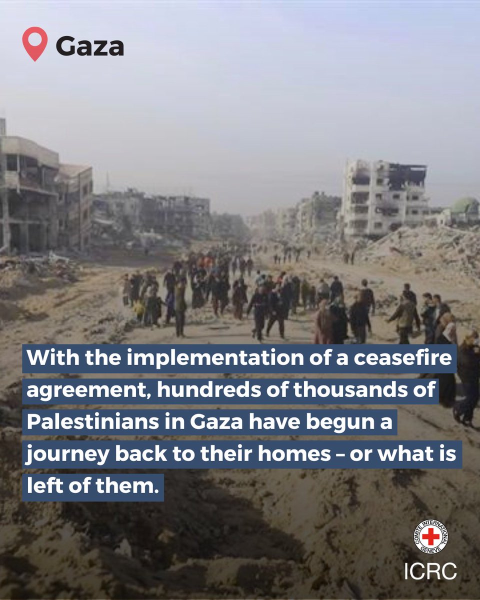 ICRC_ilot's tweet image. With the recent #ceasefire, hundreds of thousands of Palestinians in #Gaza have begun a journey back to their homes, with limited access to food, water, &amp;amp; health care.