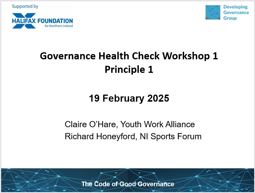 To help voluntary boards/ key staff get started on journey to Good Governance, the Developing Governance Group has organised five online workshops, one for each of the five principles of  Code of Good Governance.
Click on the following link for details: 
nicva.org/article/govern…
