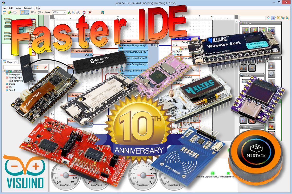 Visuino's tweet image. Join us in celebrating 10 years of Visuino!
Our latest release, v138, is packed with innovative features—from enhanced board support and improved IDE speed to brand‑new modules.
Thank you for being part of our journey!
visuino.com/downloads/