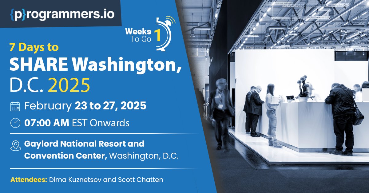 programmersio's tweet image. SHARE Washington. D.C. 2025, happening at the Gaylord National Resort and Convention Center from February 23 to 27!
Let’s connect and collaborate to drive innovation.
See you there in a week!
#ProgrammersIO #SHARE2025 #EnterpriseIT #Mainframe #IBMi #AS400 #TechConference