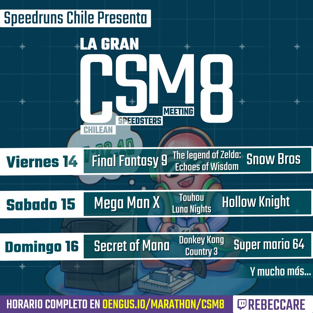 Hola chicos! Recuerden que la organización de
<a href="/SpeedrunsCL/">SpeedrunsChile</a>
estará haciendo la octava versión de la Chilean Speedsters Meeting desde las 10 am hora Chile en mi canal de Twitch. Serán 3 días de maratón para que apoyen!. Nos vemos por allá ❤️. Horario: oengus.io/marathon/CSM8/…