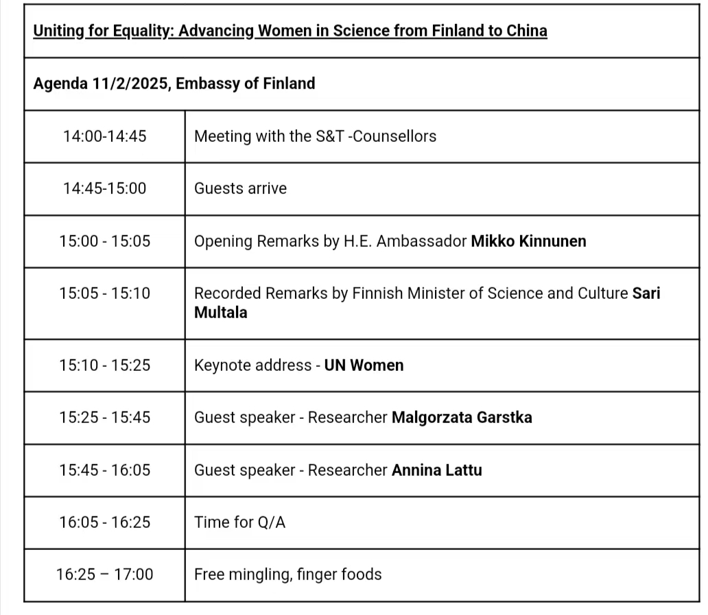 February 11th, International Day of #WomenInScience 

"Uniting for Equality: Advancing Women in Science from Finland to China", at the Embassy of Finland in Beijing. 

I shared my journey in science and highlighted the important role of networking in promoting gender equality.