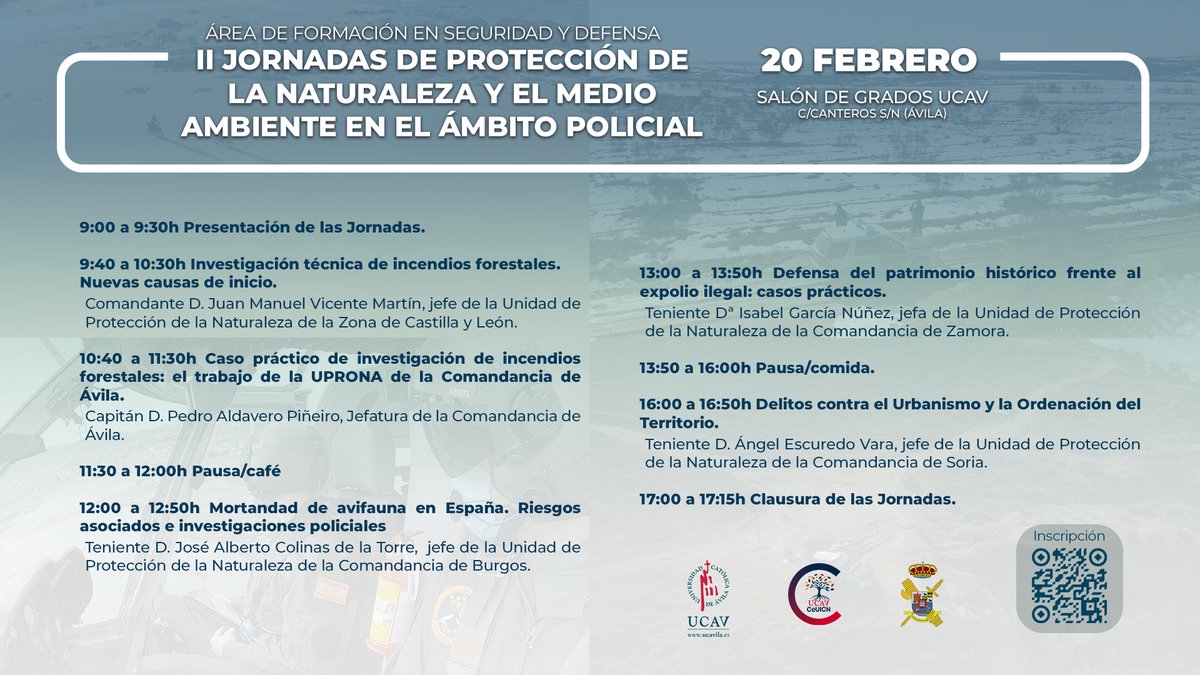 II Jornadas Protección Naturaleza y MedAmb Ámbito Policial.
📅 20/02 | 🏛 UCAV, Ávila | ⏰ 9:00 - 14:00 / 16:00 - 17:15
📢 Inscripción gratuita → ucavila.es/investigacion/…
Organizada por: <a href="/UCAVILA_/">Universidad Católica de Ávila</a>