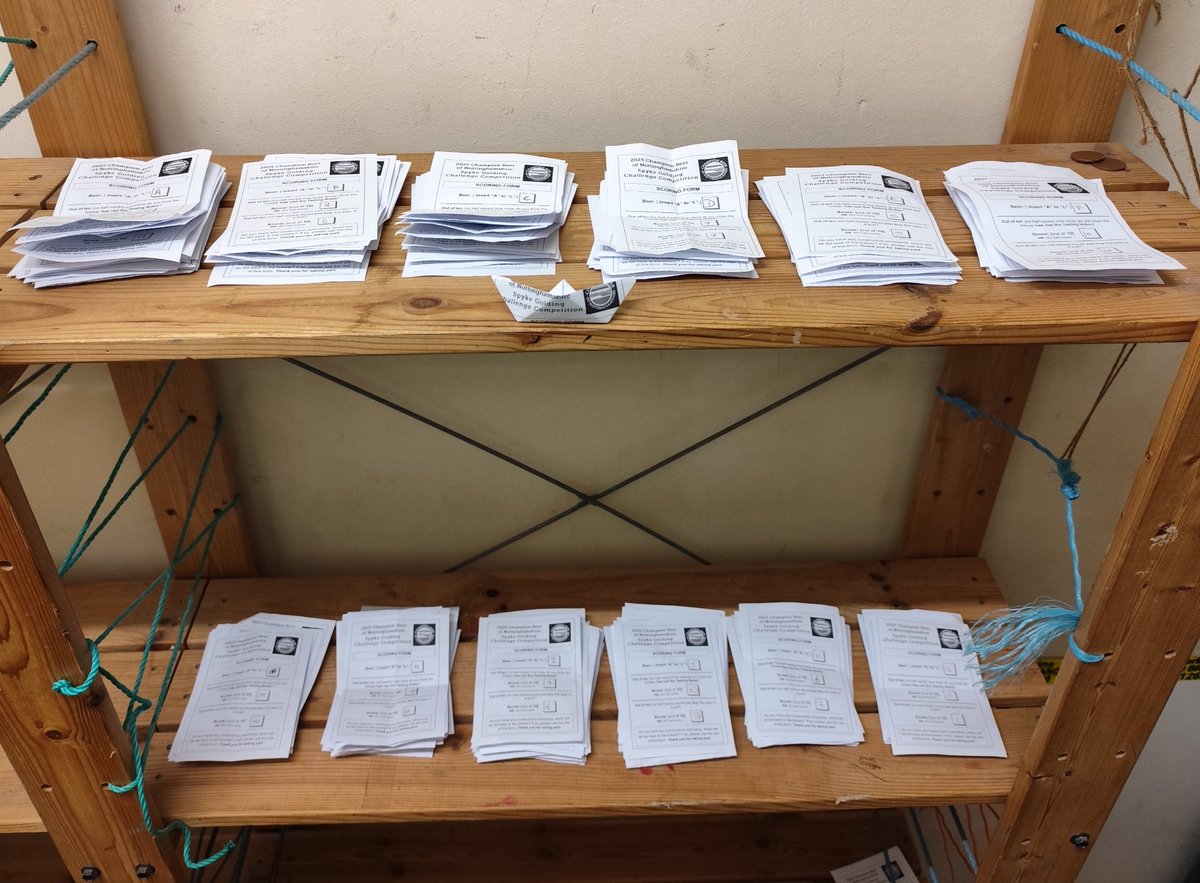 Last night's voting slips sorted A - L. These will be locked away now &amp; counted tomorrow alongside today's votes. Winner of the 2025 Spyke Golding Challenge Shield will be announced on Saturday. Come along and...
VOTE FOR BEER! 🍻👍
#Hucknall #Notts #Brewers #beer