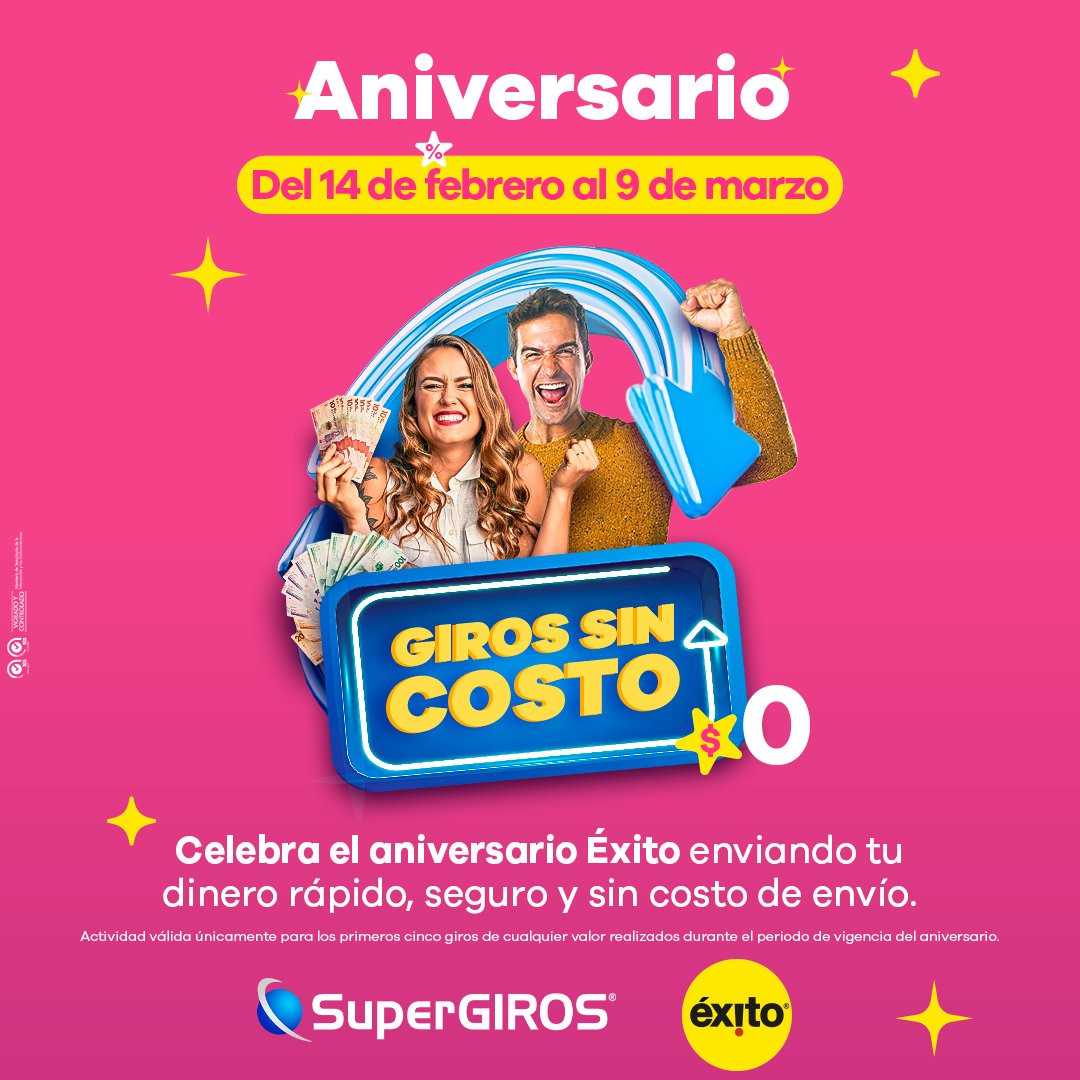 🎉 Llegó el Aniversario Éxito SuperGIROS🎉

📅 Del 14 de febrero al 9 de marzo 📅 Envía tu dinero rápido, seguro y SIN COSTO en tu almacén Éxito más cercano. 💸🏃

¡Aprovecha ahora! Más información en supergiros.co/aniversario-ex…

#SuperGIROS #AniversarioÉxito #GirosSinCosto