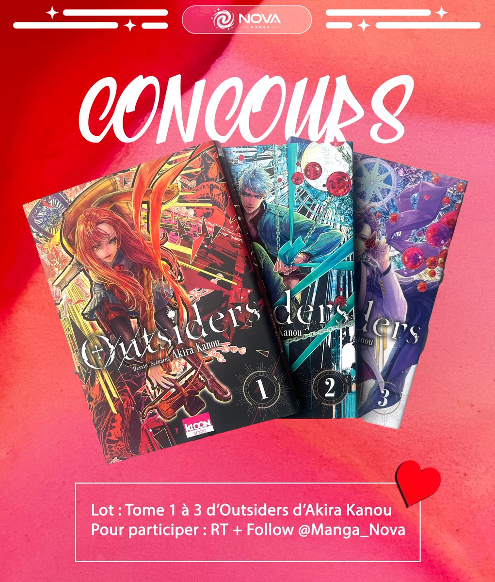 💌 CONCOURS 💌

Quoi de mieux pour fêter la Saint-Valentin que de vous offrir les 3 premiers tomes d'Outsiders ?

Pour participer : RT + Follow <a href="/Manga_Nova/">Manga Nova</a> 
Fin du concours le 21/02 😇

Bonne chance à tous 🍀