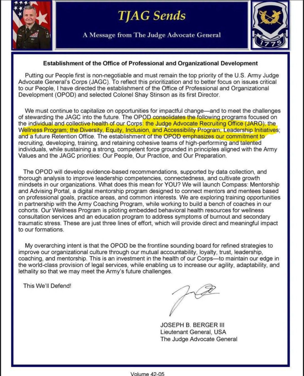 libsoftiktok's tweet image. Army JAG Joseph Berger “consolidated” DEI into the “Office of Professional and Organizational Development.”

Rebranding DEI is still DEI and violates Trump’s EOs.