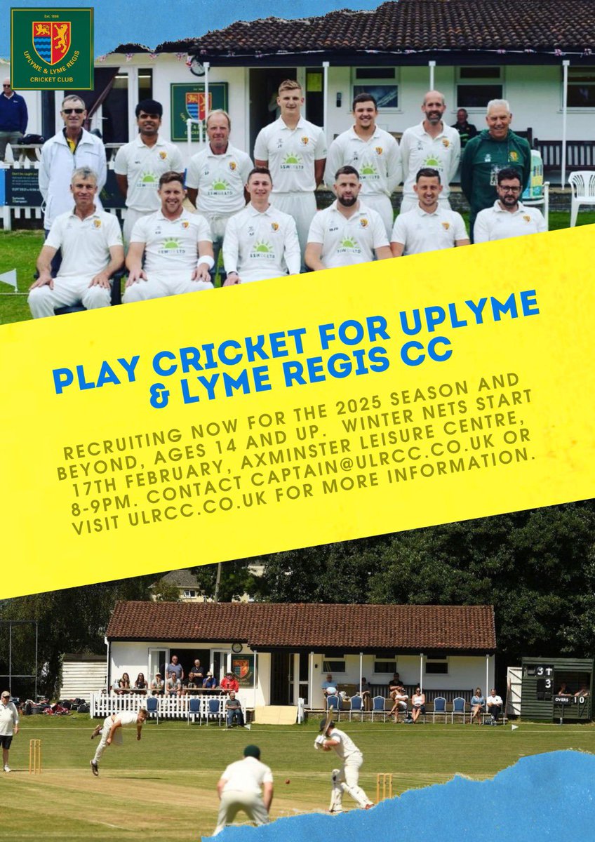 Winter practice for Uplyme &amp; Lyme Regis Cricket Club starts next Monday (17th February) Axminster Leisure Centre - 8-9pm.  Drop captain@ulrcc.co.uk an email if interested.  Age 14+
