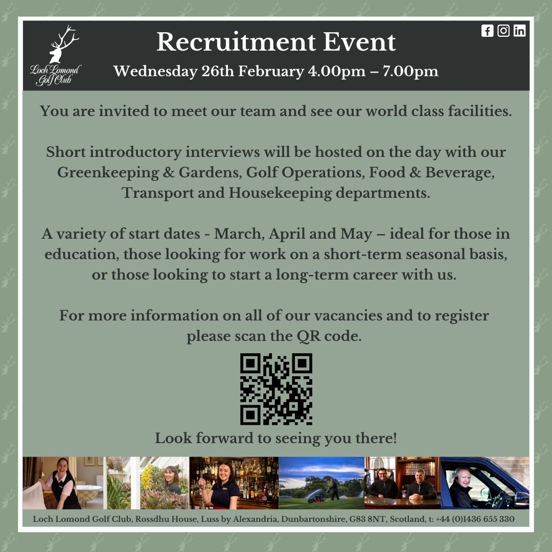 We have arranged for a second Recruitment Event to take place, offering a further opportunity to come and meet some of our departments - with a variety of roles available.
#lochlomond #lochlomondgolfclub #recruitment