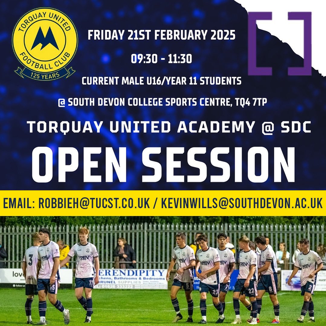 📢 TUFC Academy Open Session!

👨‍🎓Education at South Devon College
⚽️Football at Torquay United
🏃‍♂️Ex-pro coaches including Robbie Herrera, Kev Wills &amp; Jamie Richards
👉Now accepting applications for next September's intake!

#tufc 
<a href="/sdcollege/">South Devon College</a>
 
<a href="/TUacademy_sdc/">Torquay United Academy at SDC</a>