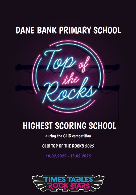 Dane Bank Primary School (@danebankps) on Twitter photo 🏆 We did it! Our amazing pupils have won the <a href="/clictrust/">CLIC-Trust</a> <a href="/TTRockStars/">Times Tables Rock Stars</a> competition 🎉💪 A huge well done to everyone who took part - your hard work and determination paid off! 💙💛 #TTRS #MathsChampions #teamDB 🏆 We did it! Our amazing pupils have won the <a href="/clictrust/">CLIC-Trust</a> <a href="/TTRockStars/">Times Tables Rock Stars</a> competition 🎉💪 A huge well done to everyone who took part - your hard work and determination paid off! 💙💛 #TTRS #MathsChampions #teamDB