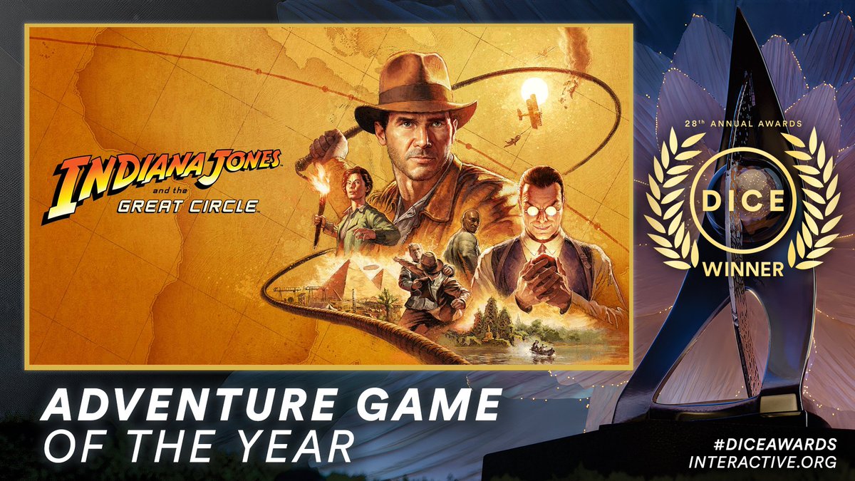 bethesda's tweet image. Congratulations to the team at @machinegames -- #IndianaJones and the Great Circle won several awards at the #DICEAwards: Adventure Game of the Year, Outstanding Achievement in Story, and Outstanding Achievement in Character.