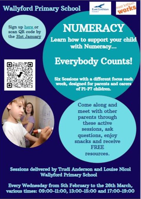 East Lothian Works (@el_works) on Twitter photo Everybody Counts - Learn more about supporting your child with numeracy.
Please scan the QR code to sign up or contact Trudi Anderson on tanderson@wallyford.elcschool.org.uk Everybody Counts - Learn more about supporting your child with numeracy.
Please scan the QR code to sign up or contact Trudi Anderson on tanderson@wallyford.elcschool.org.uk