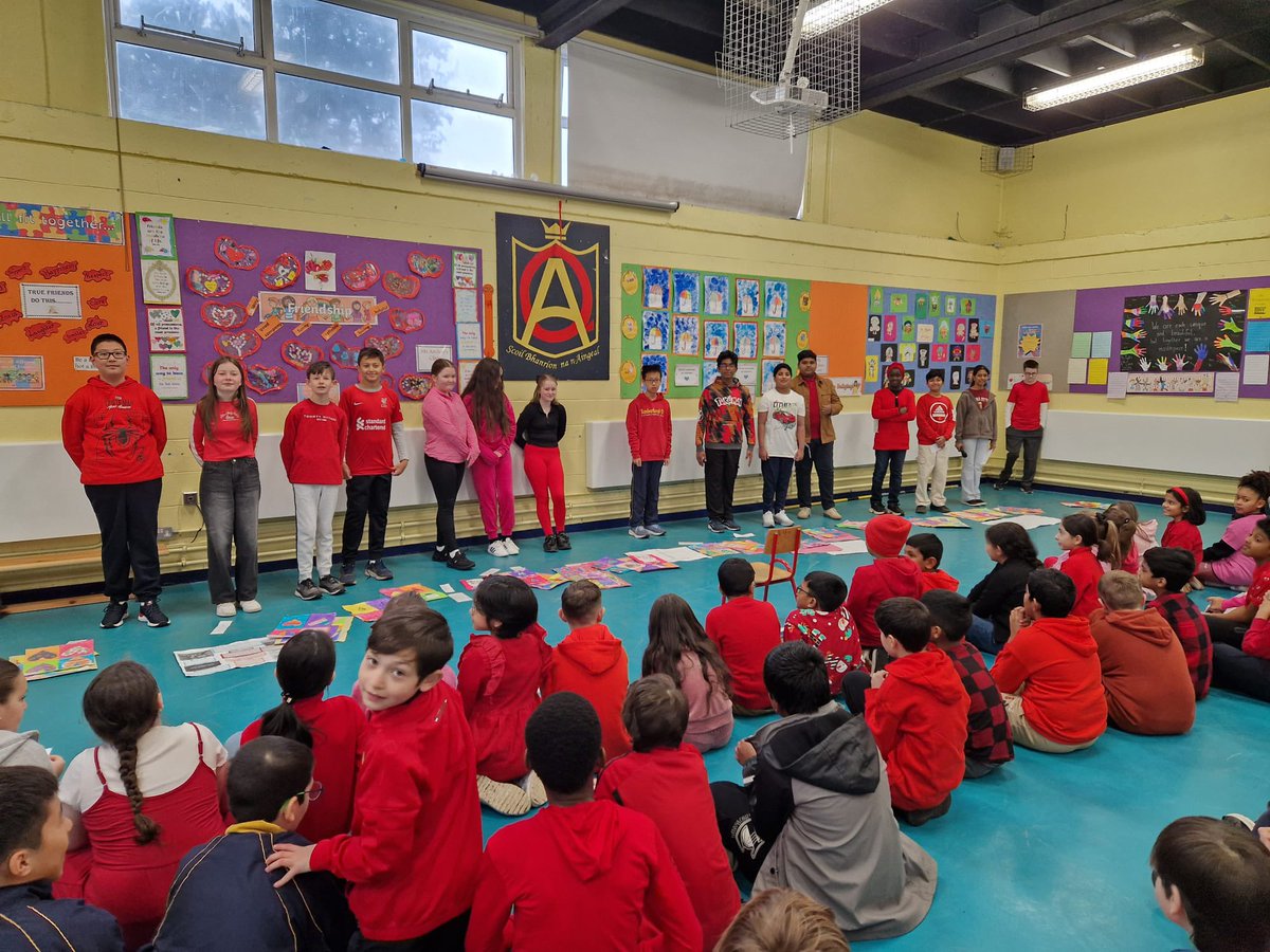 of_wedgewood's tweet image. Friendship Week assembly. All dressed in red in aid of Irish Cancer Society