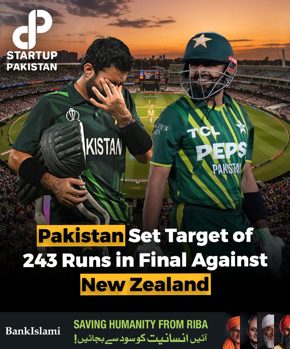 PakStartup's tweet image. Pakistan set target of 243 runs in final against new Zealand.

To Learn More About Bank Islami: bit.ly/4hzWhF4

#Pakistan #Target #Runs #ODI