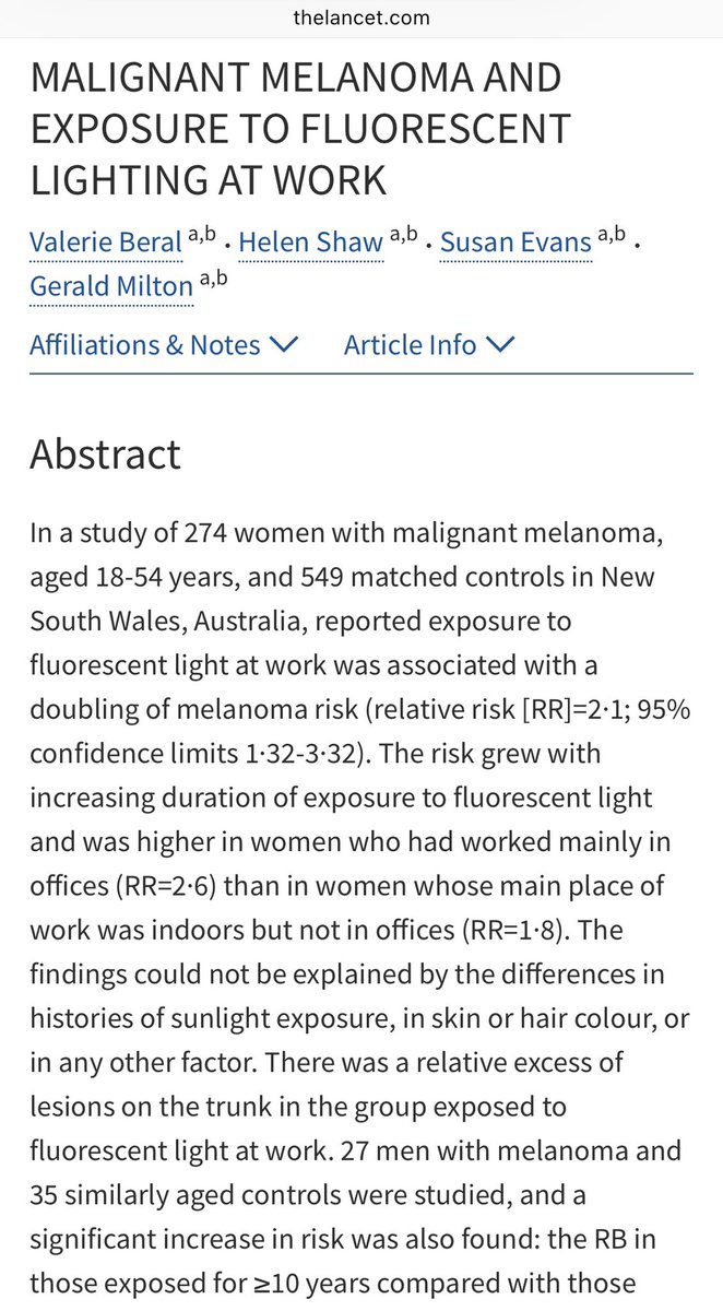 metabolicdaria's tweet photo. Fluorescent lights => cancer

In August 1982 an article was published in the prestigious British Medical Journal The Lancet titled ‘Malignant Melanoma and Exposure to Fluorescent Lighting at Work’. The authors of this study were the first to examine the possible relationship between indoor fluorescent lights and the ever rising rate of melanoma. Taking into account such factors as hair color, skin type and the history of sun exposure it was found that working under fluorescent lights had doubled the risk of melanoma in the subjects of the research.