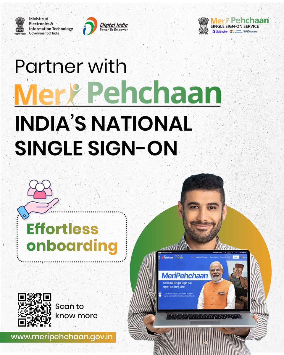 NeGD_GoI's tweet photo. Enhance your digital services and offer a secure & seamless user experience with #MeriPehchaan through which a citizen can use a single username and password to access multiple public services from various departments.
Click: https://t.co/2qvPk5YB6J
#DigitalIndia #SingleSignOn https://t.co/aefN48HQTt