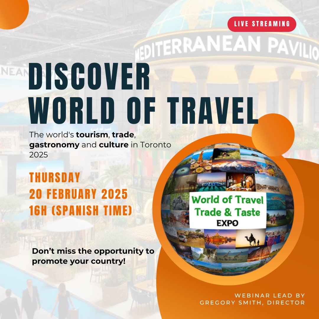 Mediterranean Pavilion at World of Travel taking place on May 29-31, 2025, in Toronto!
Participating in the informative webinar!
🗓 Thursday, 20 February 2025
⏰ 4 PM CET (Spanish Time)
🔗 Register now: us06web.zoom.us/meeting/regist…