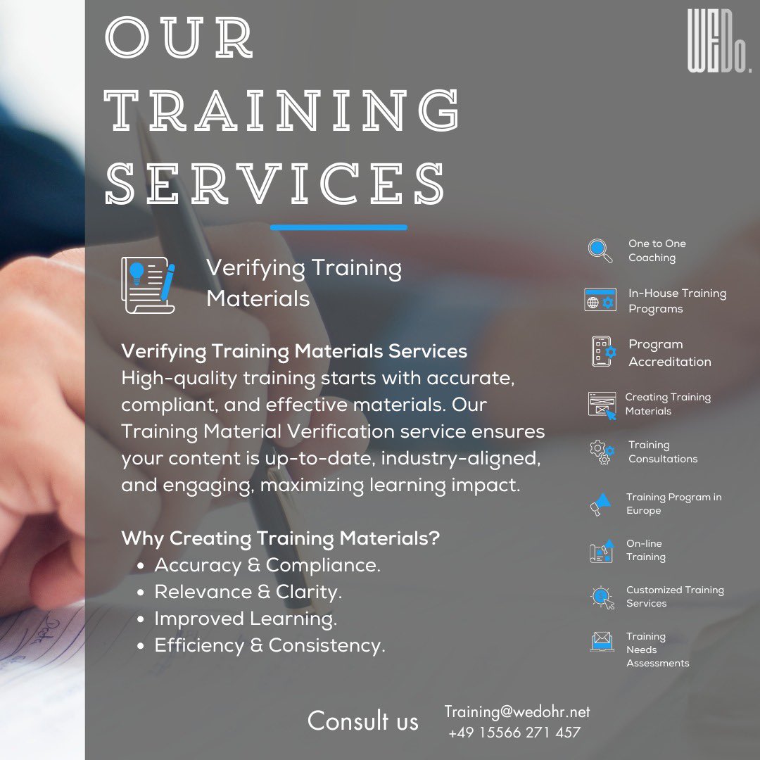 HrWedo's tweet photo. 🌟 Ensure Training Excellence with Verified Materials 🌟

High-quality training starts with accurate, compliant, and effective materials. Our Training Material Verification service ensures your content is up-to-date, industry-aligned, and engaging, maximizing learning impact. https://t.co/LqhbTQ0Ra1