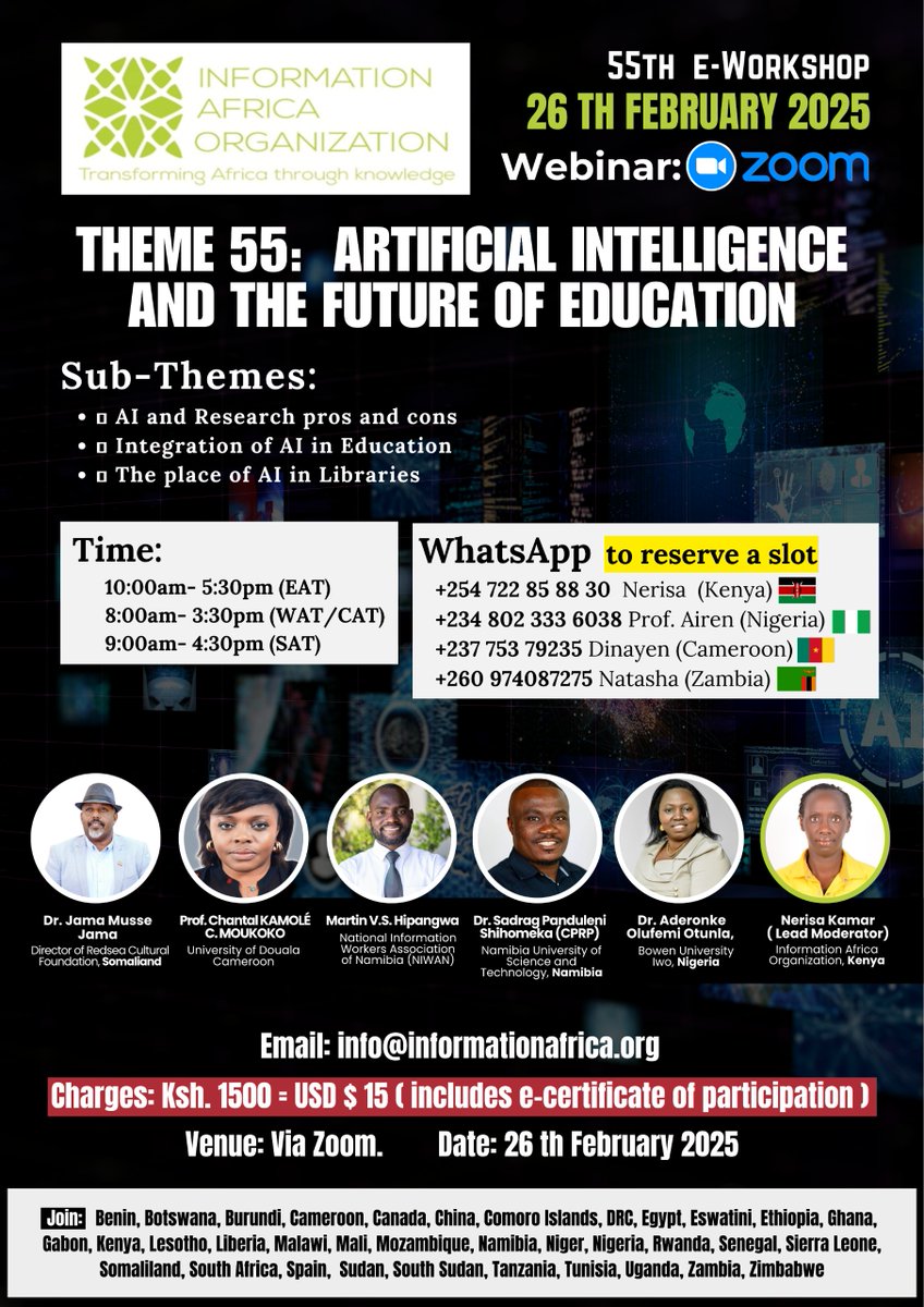Infor_Africa's tweet photo. Theme 55: Artificial Intelligence and the Future of Education. 
Keeping the #AI conversations flowing!
Join the Massive Africa’s CoP of #35countries and team #caravan for a powerful program. 
Join us @JamaMusse  @tirsity  @Nerisaj  @Suhfree @_AfricanUnion @SK_Leshan https://t.co/DcrX8bnhHF