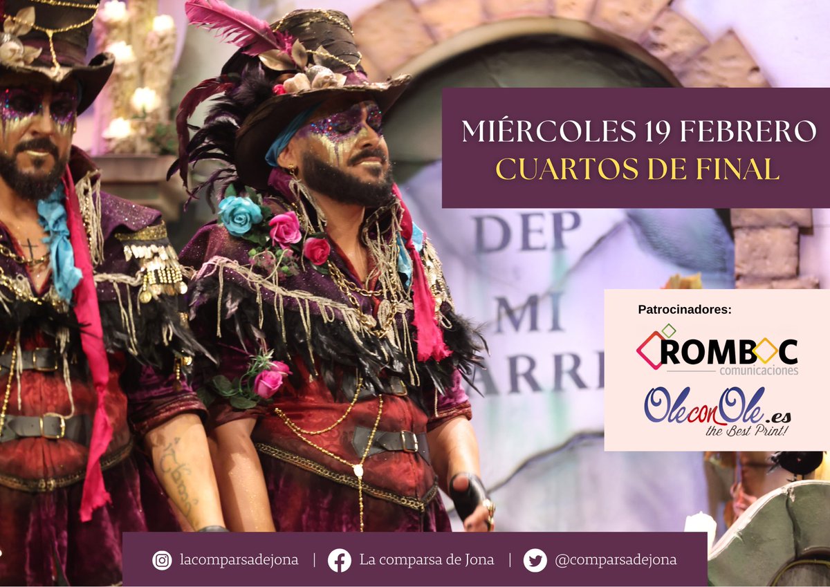 La Comparsa de Jona (@comparsadejona) on Twitter photo Nos vemos en cuartos de final, el próximo miércoles 19 de febrero, sobre las 20:30 🪦💜🐦⬛ de la mano de <a href="/RombocC/">Romboc Comunicaciones</a> 💡y <a href="/OleconOle1/">OleconOle.es</a> 💃 Nos vemos en cuartos de final, el próximo miércoles 19 de febrero, sobre las 20:30 🪦💜🐦⬛ de la mano de <a href="/RombocC/">Romboc Comunicaciones</a> 💡y <a href="/OleconOle1/">OleconOle.es</a> 💃