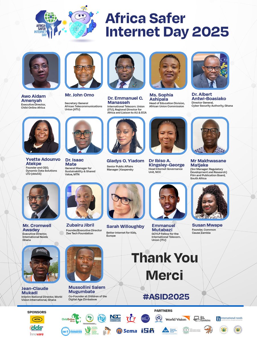 We appreciate you all.#ASID2025 
<a href="/atu_uat/">African Telecommunication Union</a> 
<a href="/safeinternetday/">Safer Internet Day</a> 
<a href="/Safer_Africa/">Africa Safer Internet Day #ASID2024</a> 
<a href="/CSAGhana/">Cyber Security Authority Ghana</a> 
<a href="/SemaTanzania/">Sema Tanzania</a> 
@innovareafrica 
<a href="/ITUAfrica/">ITU Regional Office for Africa</a> 
<a href="/hub_adr/">Africa Digital Rights Hub</a> 
<a href="/codazimb/">Children Of The Digital Age Zimbabwe</a> 
<a href="/DigitalAgendaTz/">Digital Agenda for Tanzania Initiative</a> 
<a href="/WorldVisionGH/">World Vision Ghana</a> 
<a href="/MTNGhana/">MTN Ghana</a>