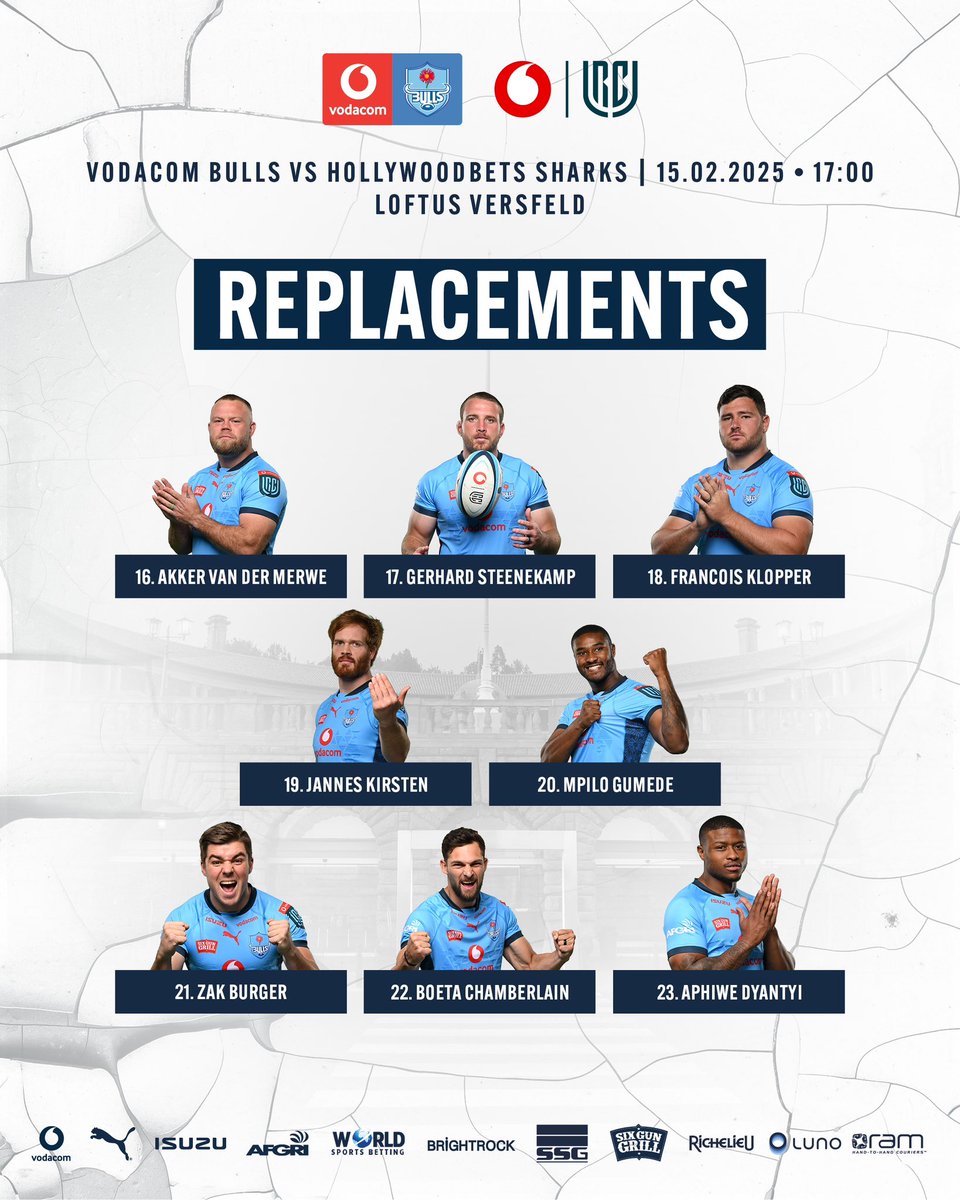 BlueBullsRugby's tweet photo. YOUR Team to face the Hollywoodbets Sharks tomorrow at LOFTUS 🥶

GRAB YOUR TICKETS NOW ➡️ https://t.co/m0aR7qpPm9 

@Vodacom #URC | @URCOfficial_RSA 

#BokBuster | #FillUpLoftus https://t.co/YMRYYtLBD9