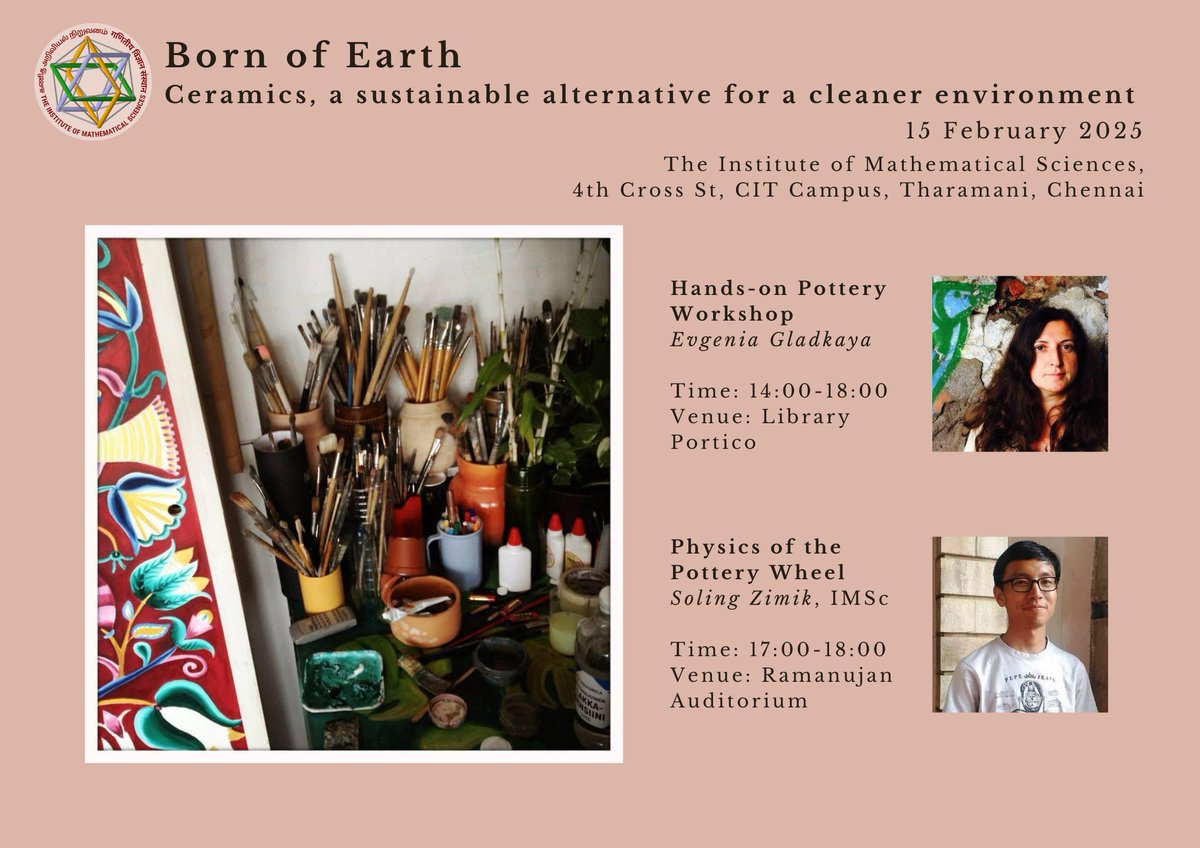 IMScChennai's tweet photo. Announcing "Born of Earth: Ceramics, a sustainable alternative for a  cleaner environment": an introduction to pottery and the science behind  it. All are welcome.
15 Feb, 14:00-18:00, Ramanujan Auditorium, IMSc
#Ceramics #Pottery https://t.co/Y3XAKwlS7Z