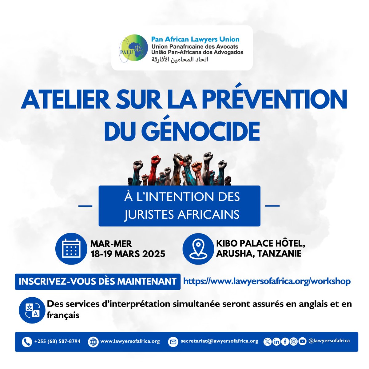 «   Êtes-vous passionné par la prévention des atrocités de masse et la justice ?

Rejoignez PALU à Arusha au mois de mars   pour la  Formation à la prévention   du génocide à l’intention des juristes africains. Rencontrez des experts et   des praticiens du droit issus de divers