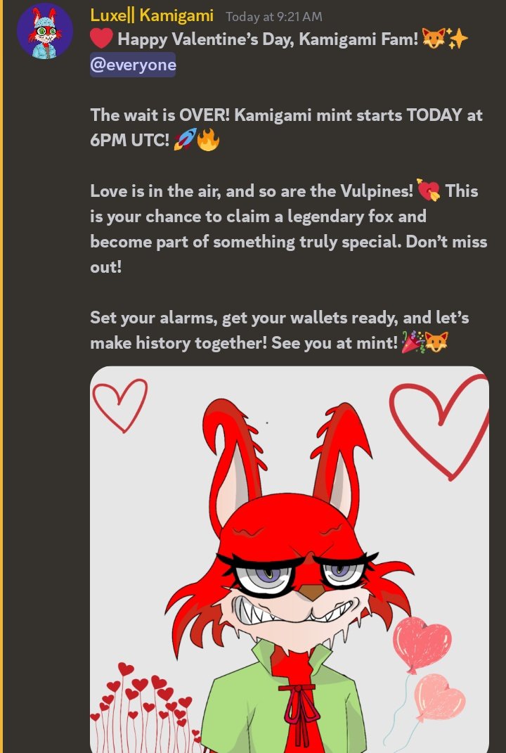 ❤️ Happy Valentine’s Day, Kamigami Fam! 🦊✨

The wait is OVER! Kamigami mint starts TODAY at 6PM UTC! 🚀🔥

#KAMIGAMIADA #CNFTS #CNFT $SNEK $ADA #NFTS #NFT #CARDANO